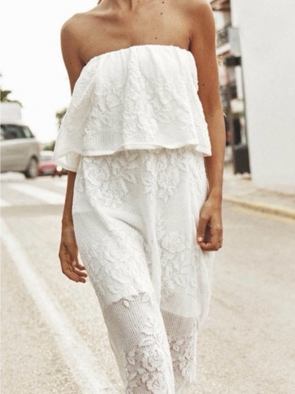 Zara Strapless White crochet/Lace style Maxi Dress w sheer bottom. Sz Small
